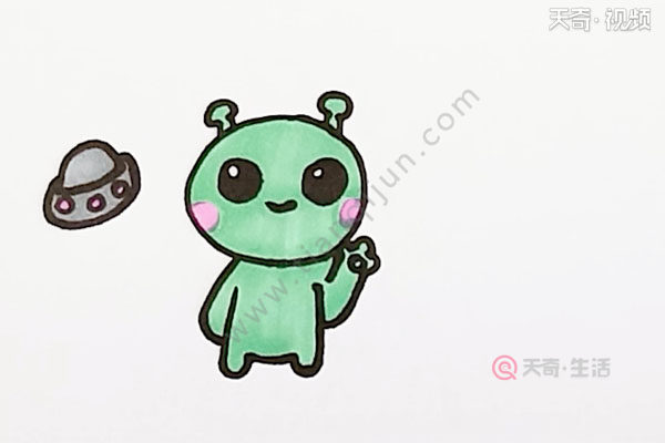 4,给飞碟涂上灰色,外星人全身涂上绿色,再涂上粉红色的腮红就可以了.