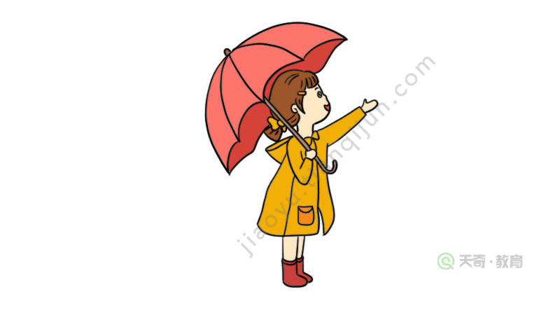 1,首先画一把雨伞,再画出小女孩的头部轮廓和发型.
