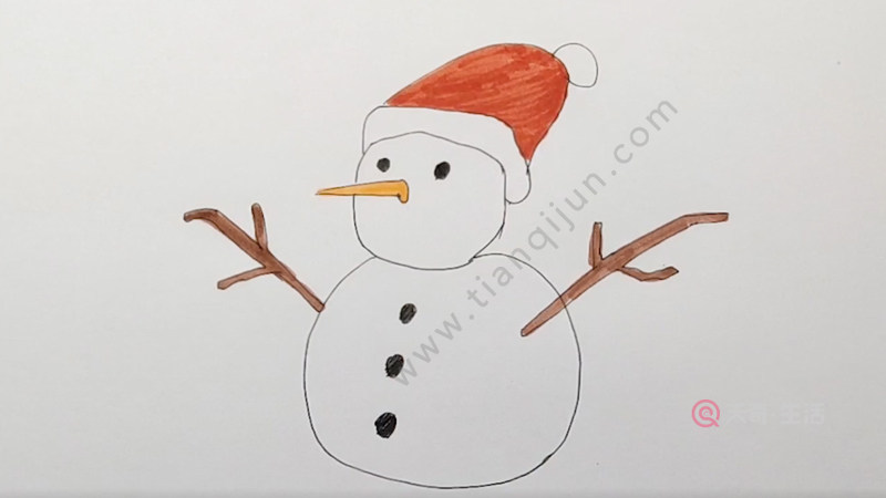 1,今天我们来学画雪人,先用黑色的笔,勾勒出雪人的头部,和尖尖的嘴巴.