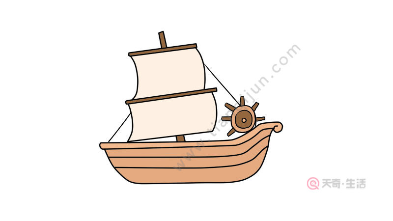 3,再画船的帆;2,然后画船的方向盘;1,首先勾勒出船体的形状