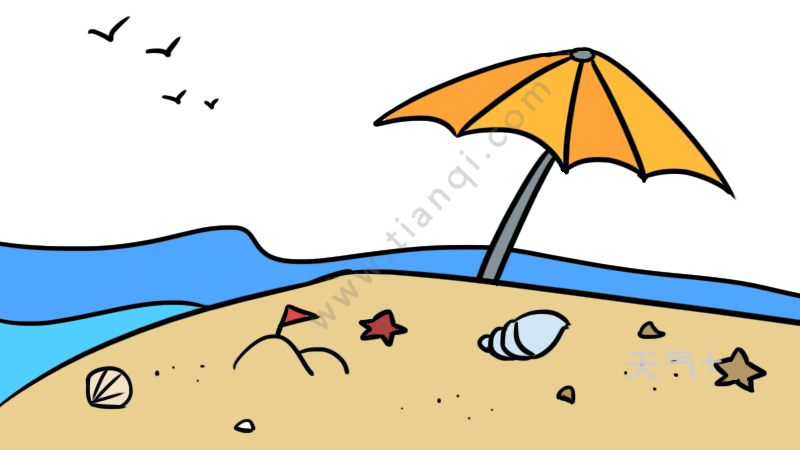 1,画一片沙滩和海水,上面画一把遮阳伞.