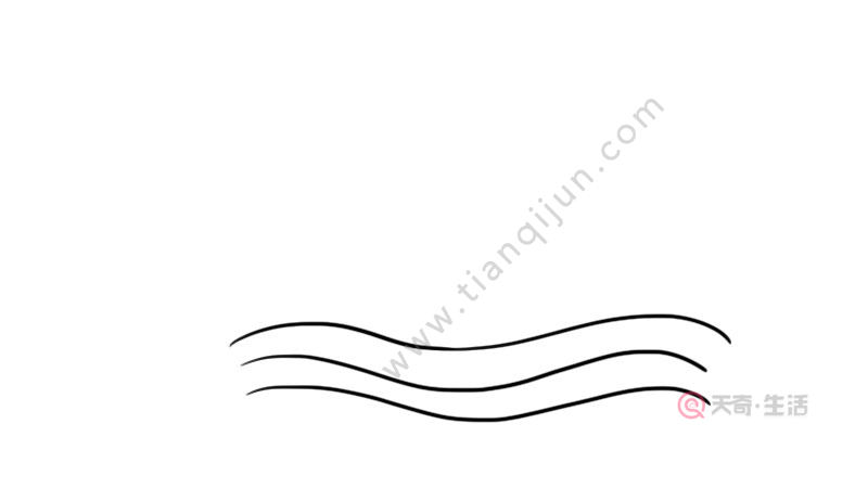 2,上面画出斜着的波浪,再画两朵云形状的浪花.