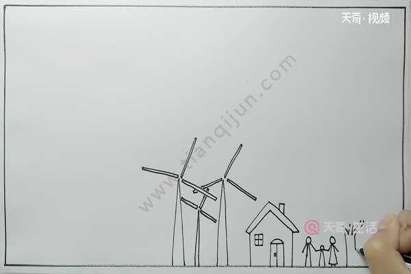 1,我们先画几座风能发电机,然后画一座房子,人物和大树,左边再画