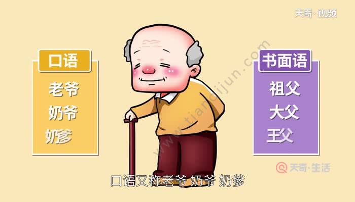 为爷爷,有些地方也叫爹爹,口语又称老爷,奶爷,奶爹,书面语称为祖父,大