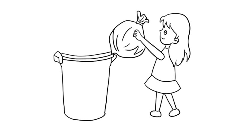 2,然后给小女孩的手上画上一坨垃圾和垃圾桶,表示小女孩正在扔垃圾;1