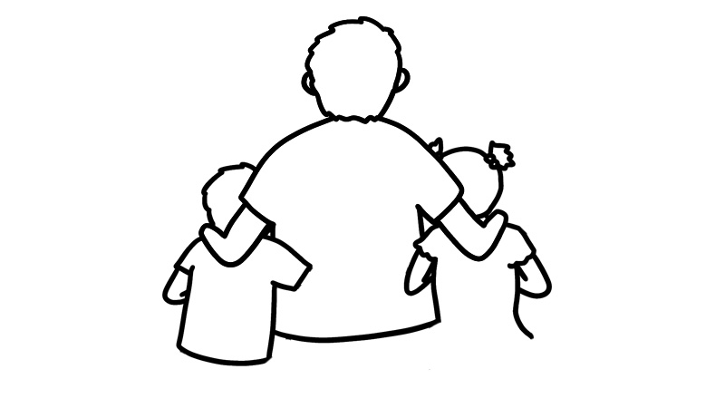 2,然后画两个小朋友被父亲手臂挽着的线条;1,首先画父亲身体背影的