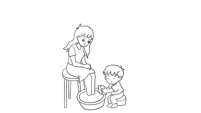 男孩给妈妈洗脚简笔画图片